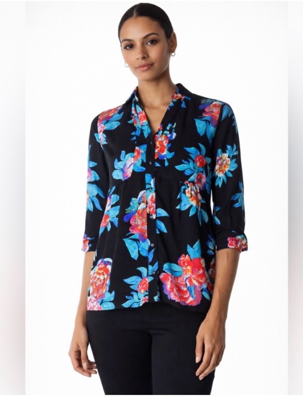 Maeve Black Blouse with Blue & Pink Floral Print